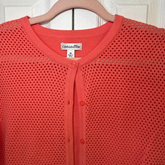 Croft & Barrow Sweater Womens M Coral button up 3/4 in Sleeve Open Knit Cardigan - Picture 2 of 9